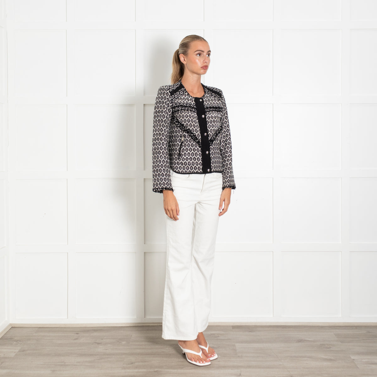 IRO Black And Silver Geometric Weave Pattern Fringe Trim Jacket