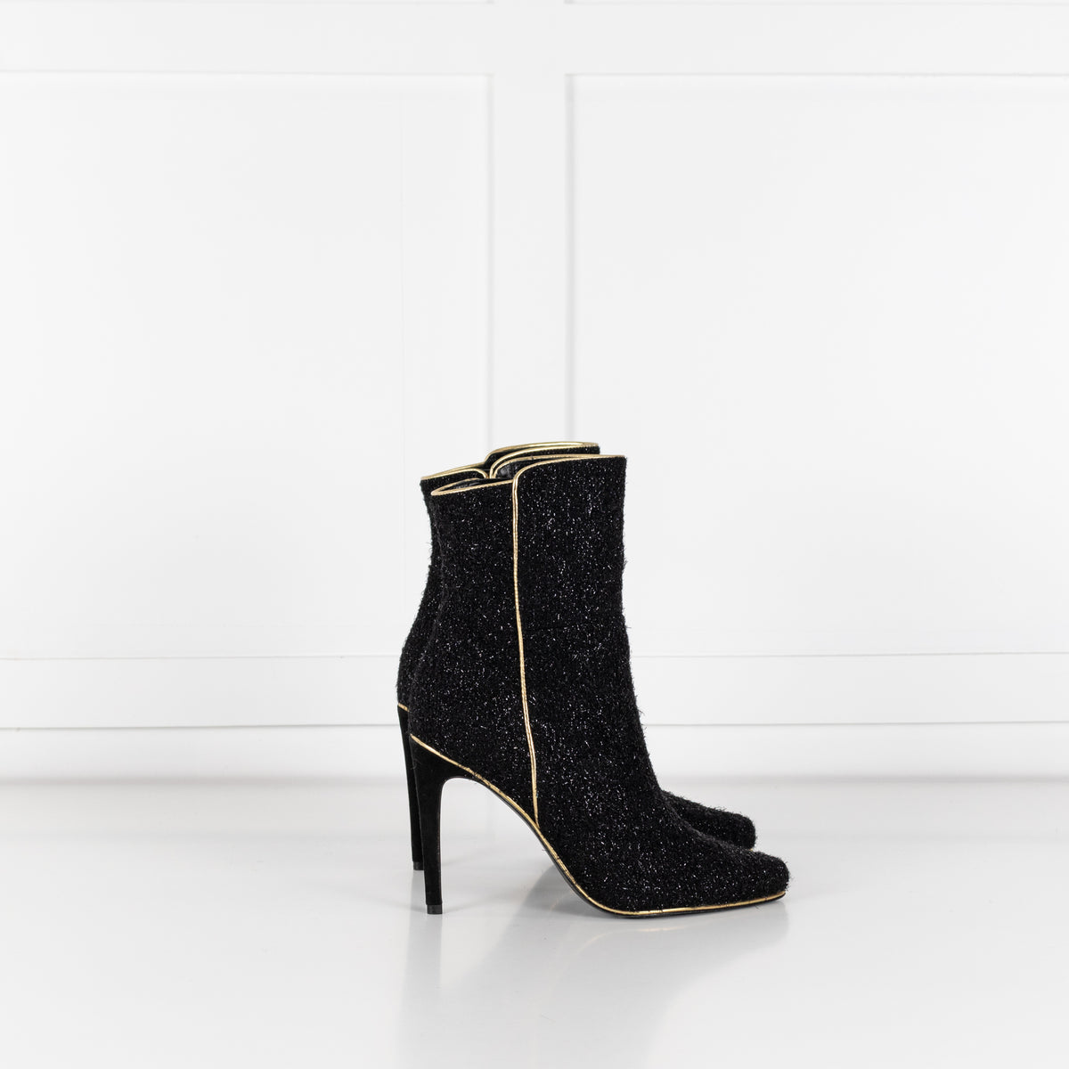 Balmain Black Lurex Sparkle Fabric Gold Trim Ankle Boots