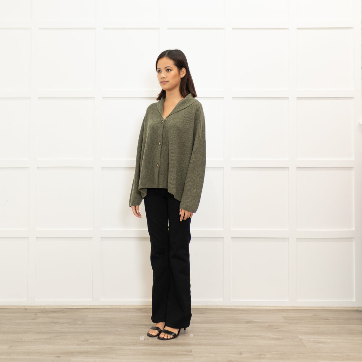 Poetry Khaki Cashmere Shawl Collar Cardigan