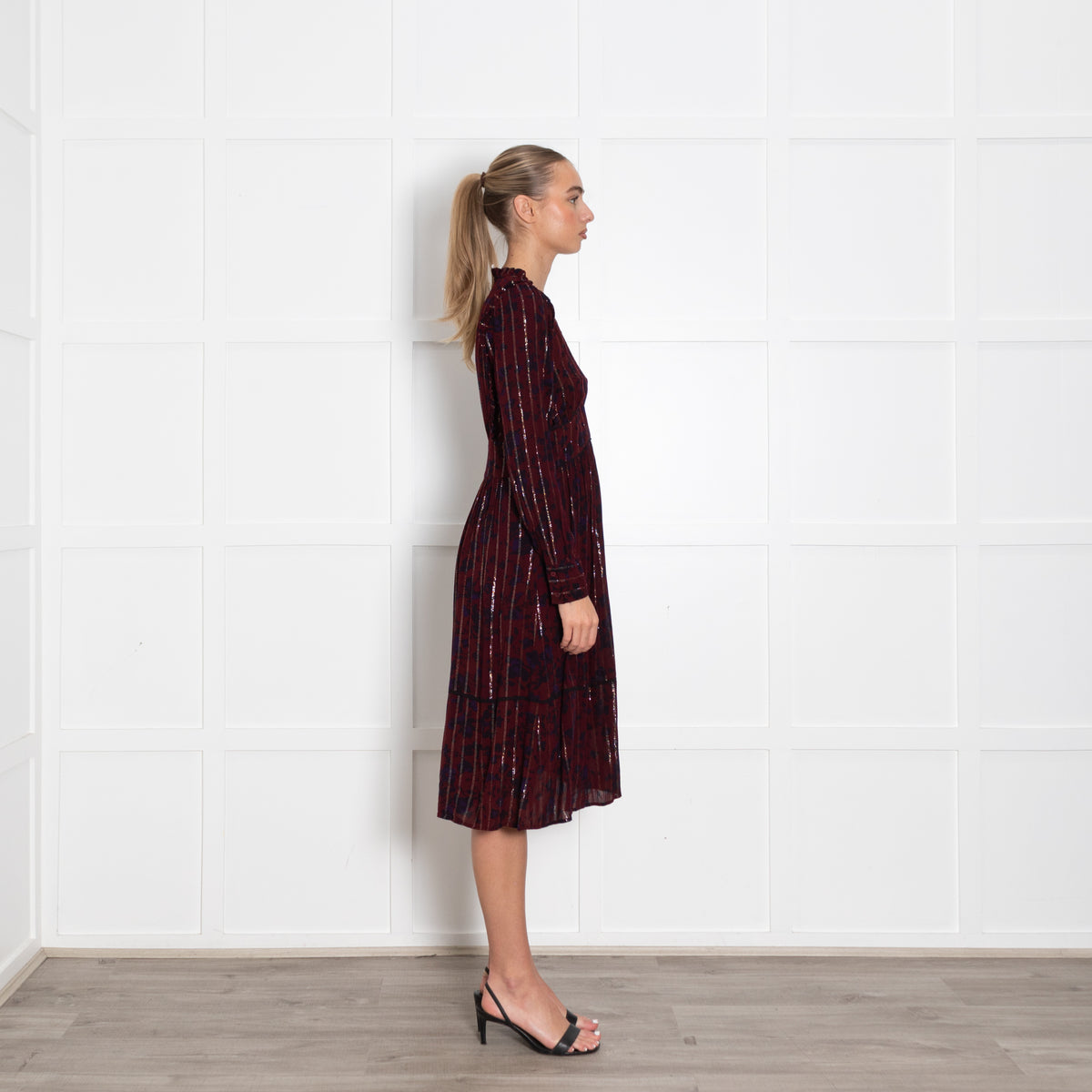 BA&SH Burgundy Navy Silver Tread Midi Long Sleeve Dress