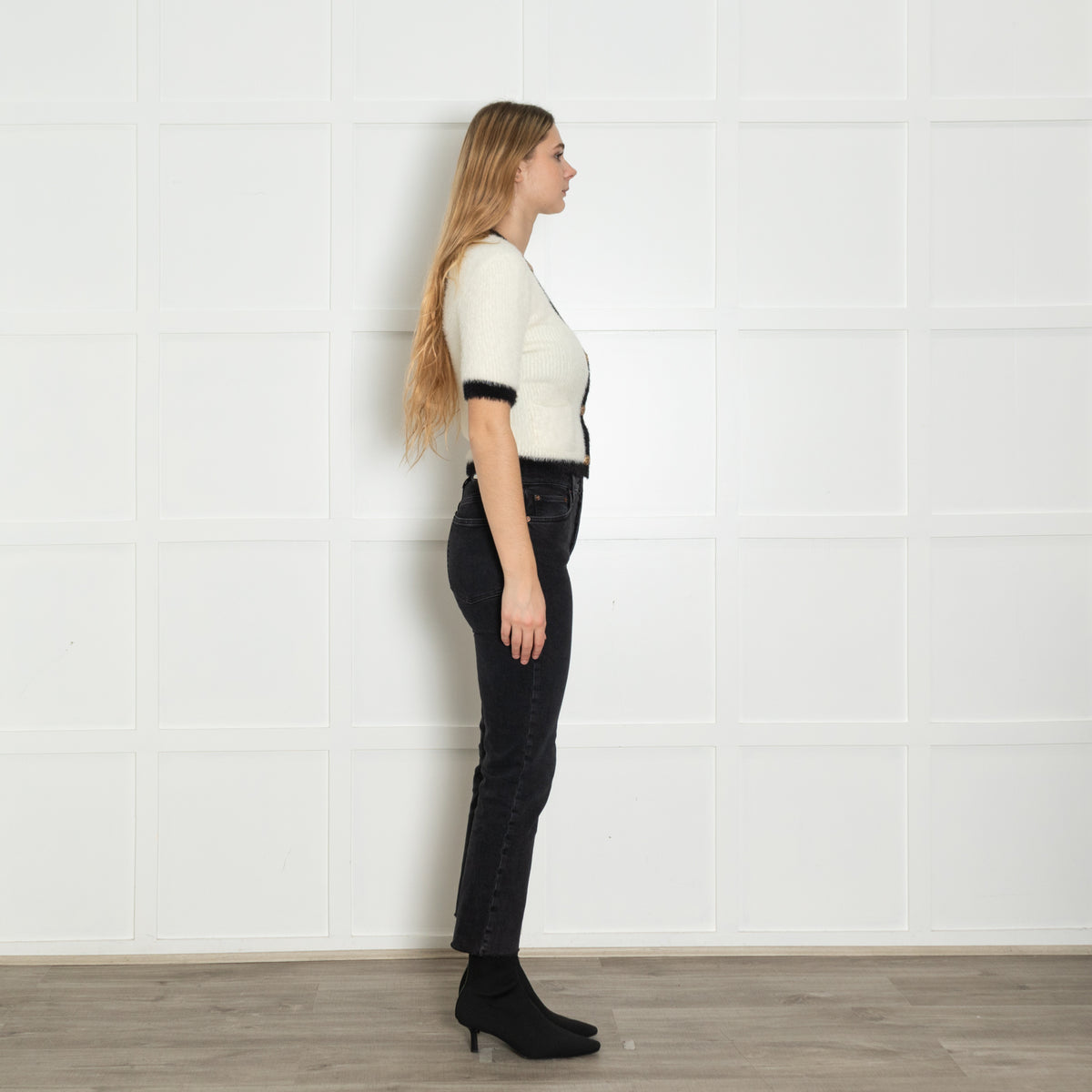 L'Agence Cream Black Gold Button Short Sleeve Cardigan