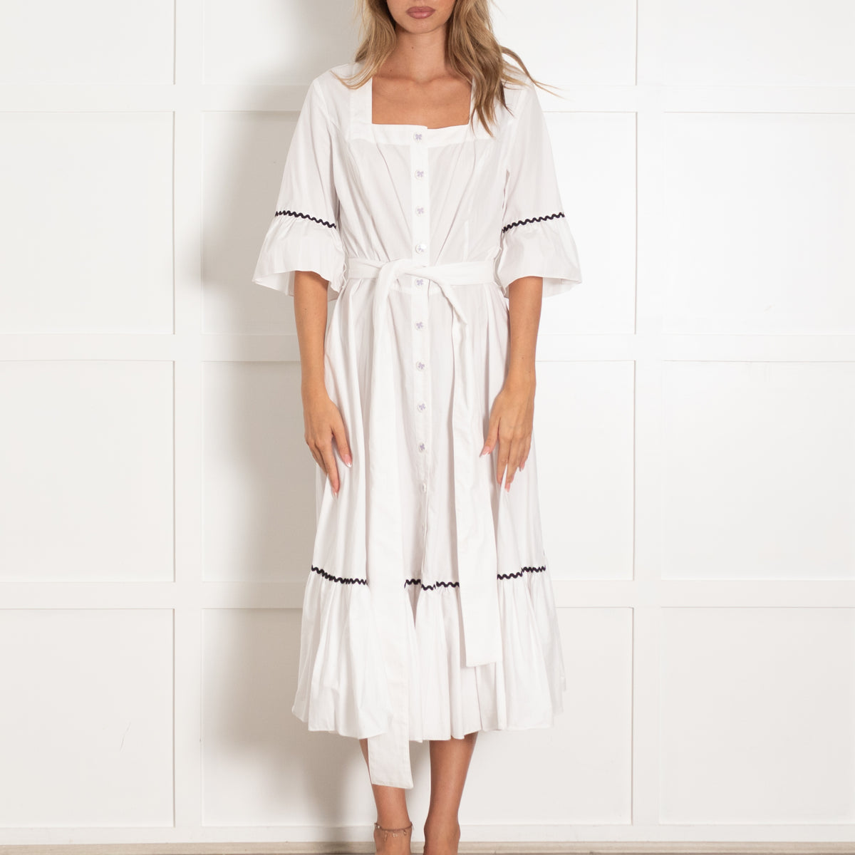 Batsheva Delsey White Cotton Bow Square Neck Midi Dress