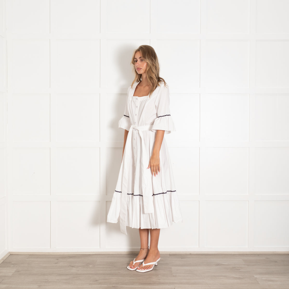 Batsheva Delsey White Cotton Bow Square Neck Midi Dress