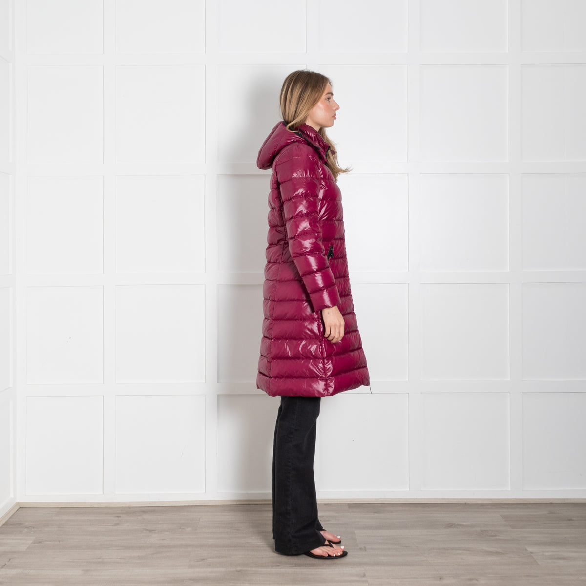 Moncler Plum Long Hooded Puffer Coat