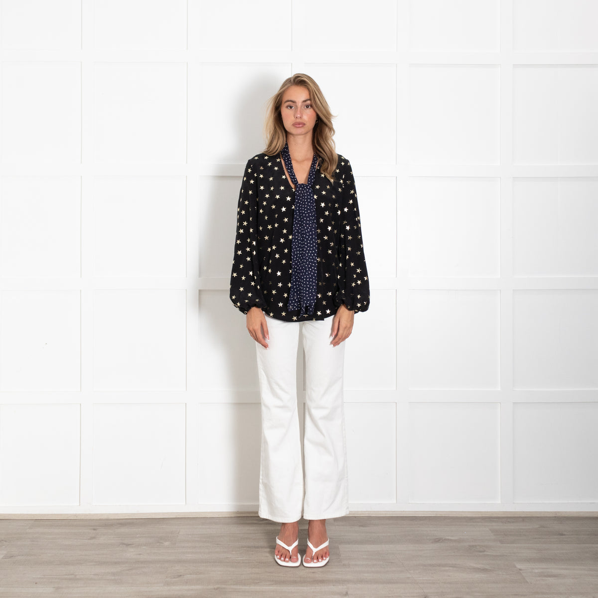 Rixo Black Top With Gold Stars and Contrast Tie Neck