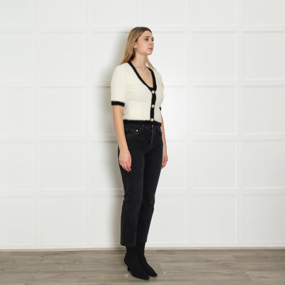 L'Agence Cream Black Gold Button Short Sleeve Cardigan