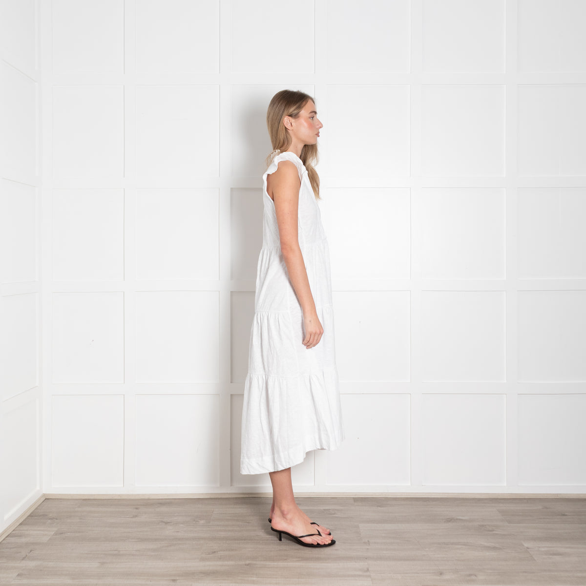Me + Em White Cotton Tiered Midi Dress