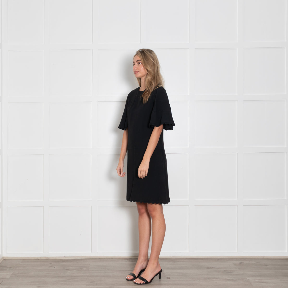 Chloe Black Crepe Wool Fluted Sleeve Scalloped Edge Shift Dress