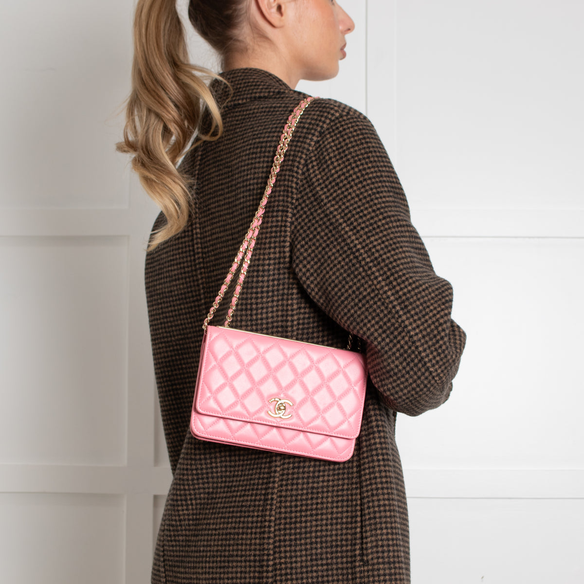 Chanel Pink Lambskin Trendy Wallet On Chain