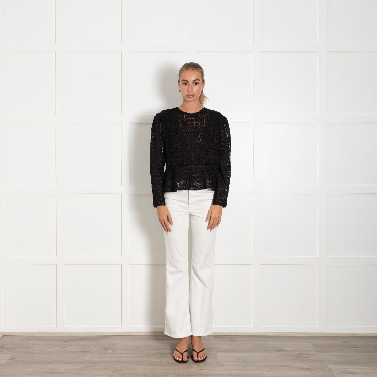 Sandro Black Guipure Lace Longsleeve Blouse With Peplum Hem