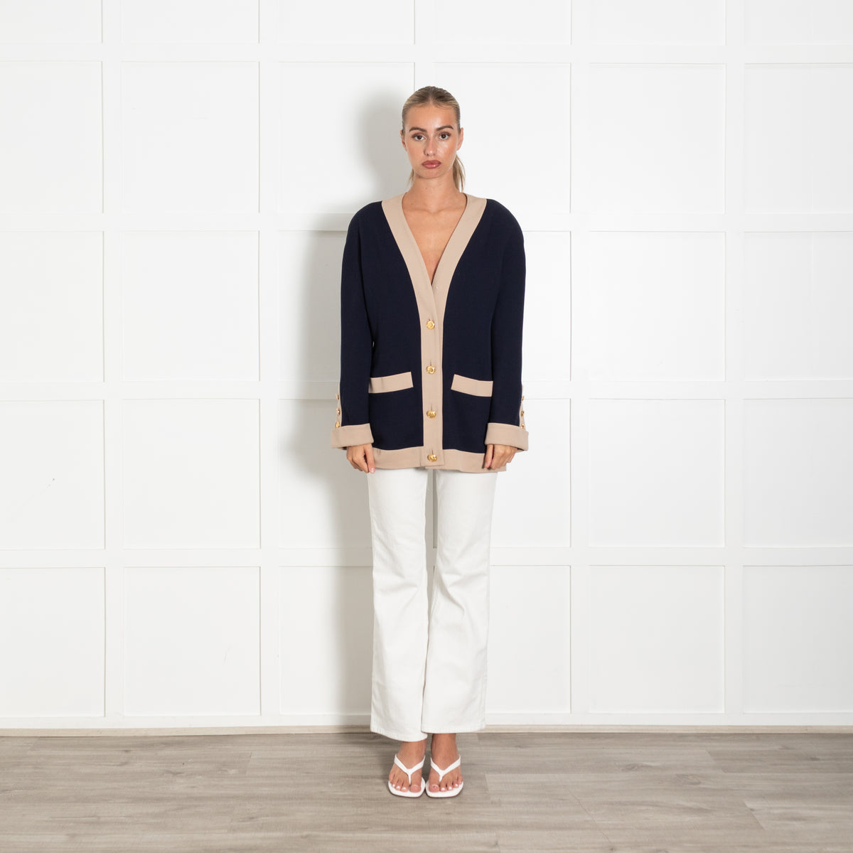Chanel Longline Navy Cardigan With Beige Trim And Gold Buttons