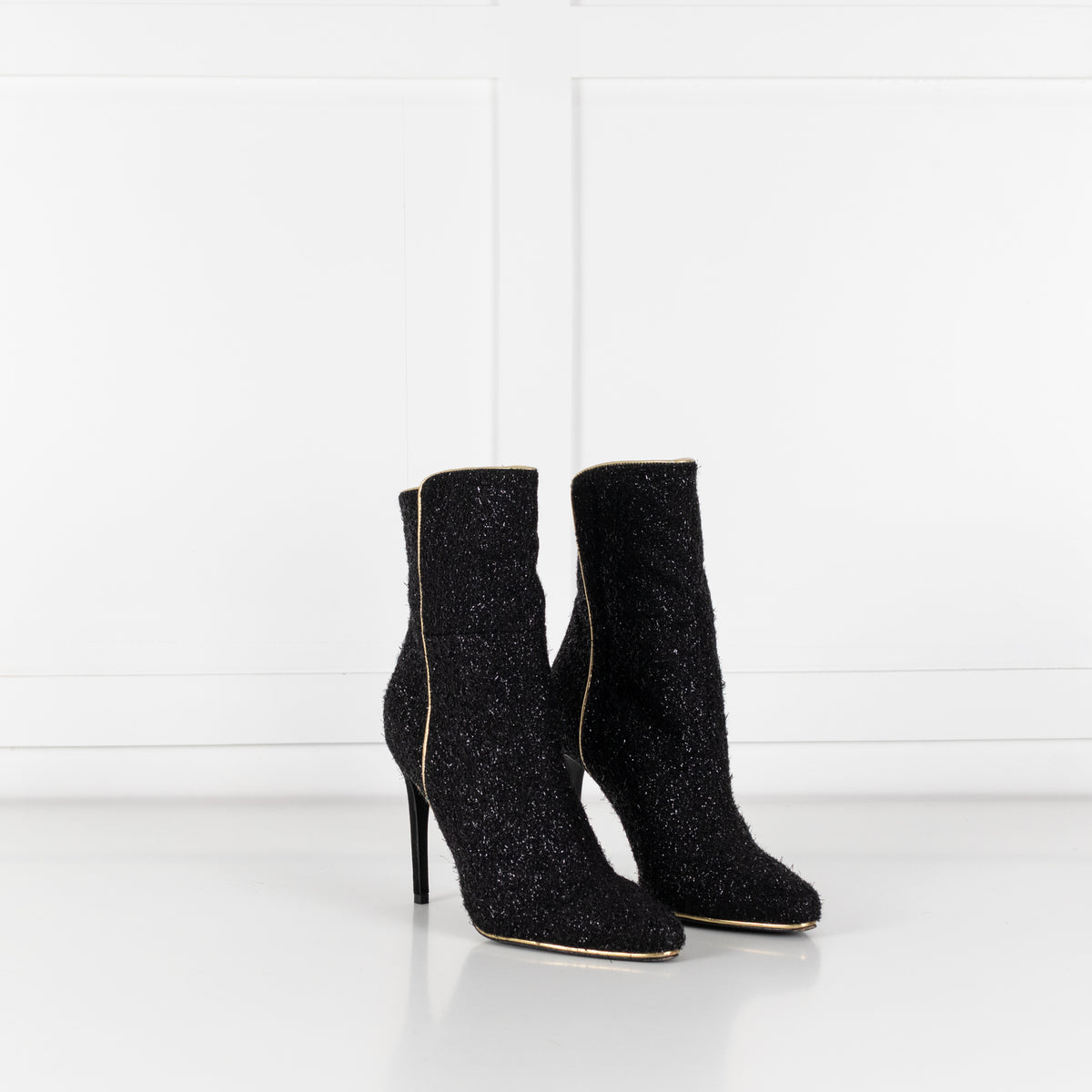 Balmain Black Lurex Sparkle Fabric Gold Trim Ankle Boots