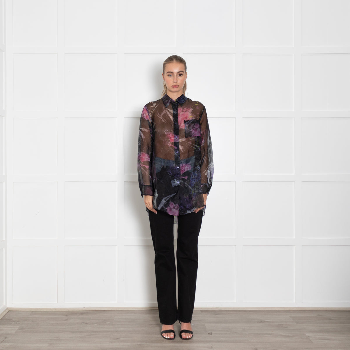Acne Black With Floral Pattern Silk Sheer Oversized Blouse