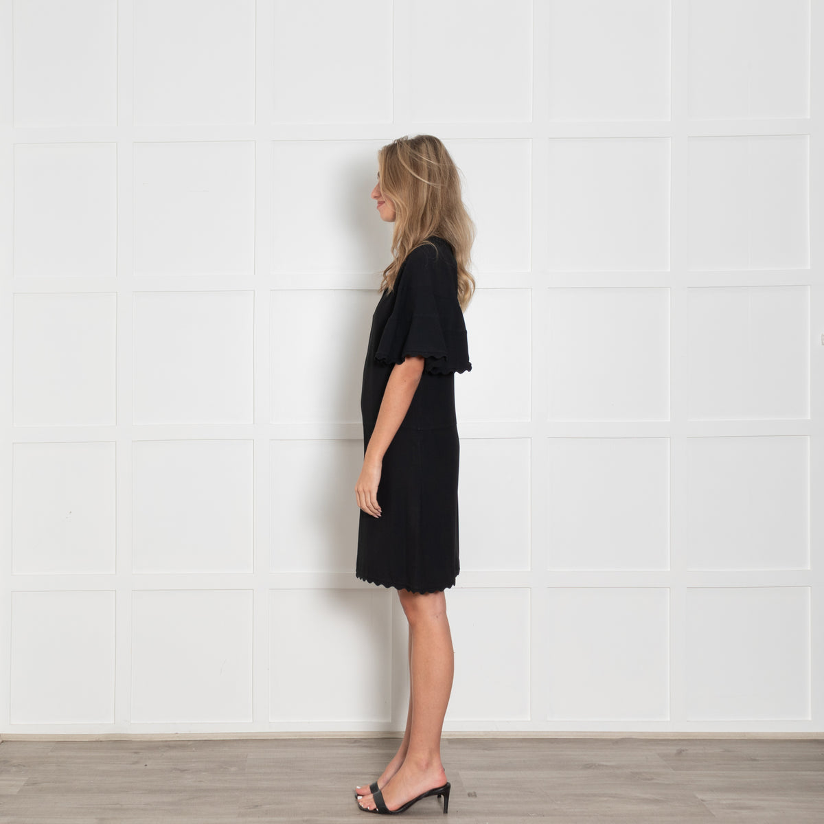 Chloe Black Crepe Wool Fluted Sleeve Scalloped Edge Shift Dress