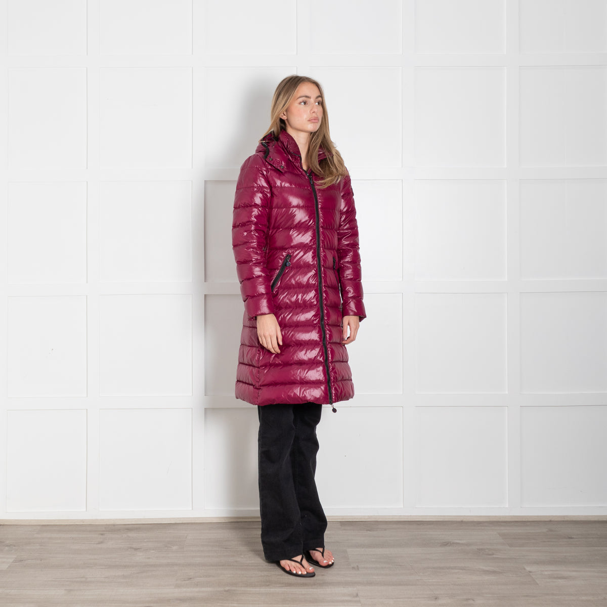 Moncler Plum Long Hooded Puffer Coat