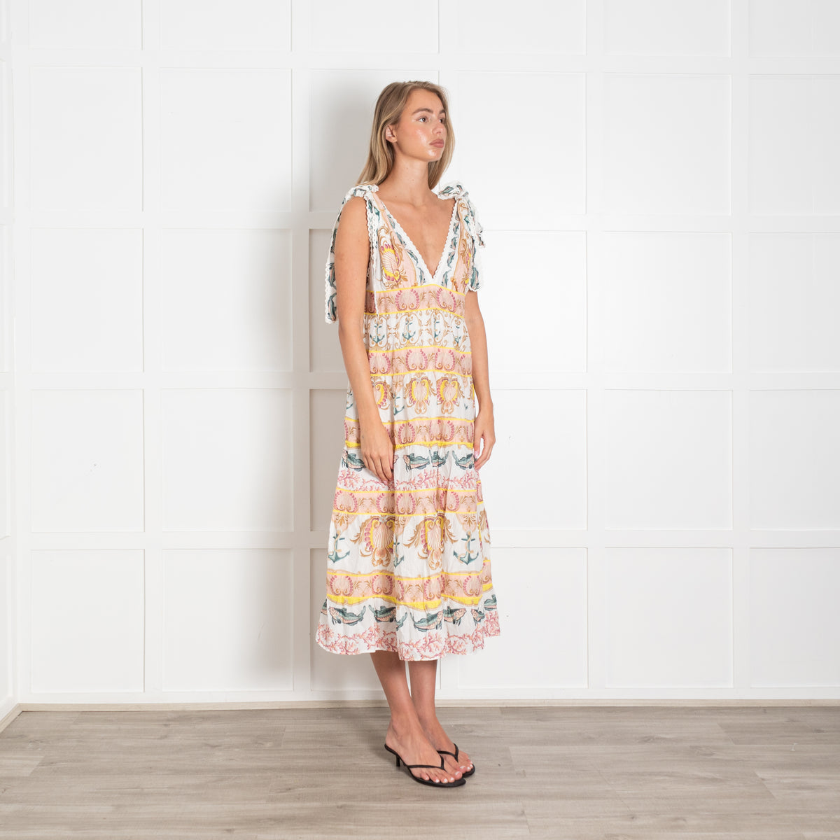 Farm Rio Cream Peach Cotton Tiered Sleeveless Dress