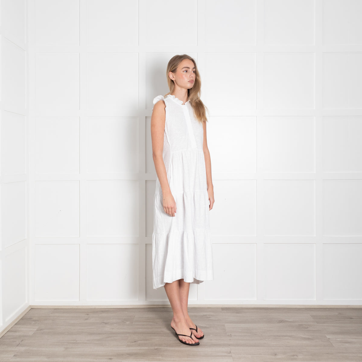 Me + Em White Cotton Tiered Midi Dress