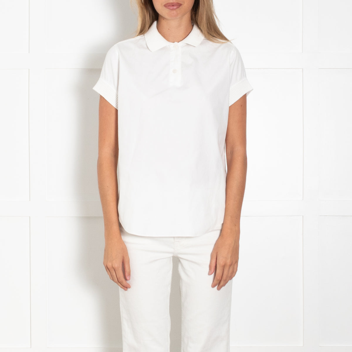 Eric Bompard White Short Sleeve Ribbed Trim Top