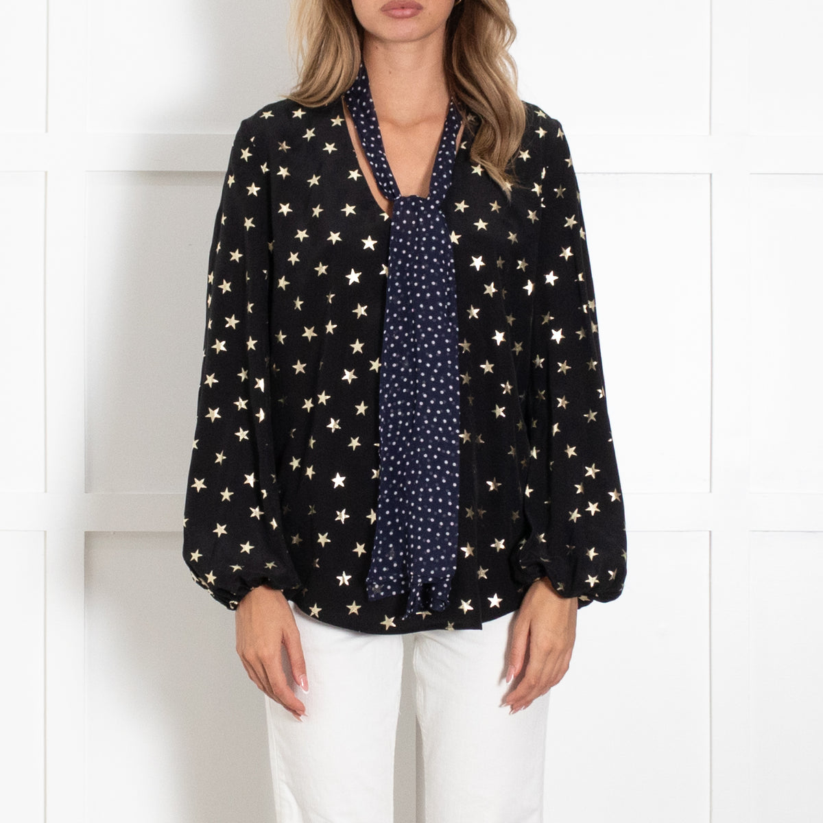 Rixo Black Top With Gold Stars and Contrast Tie Neck