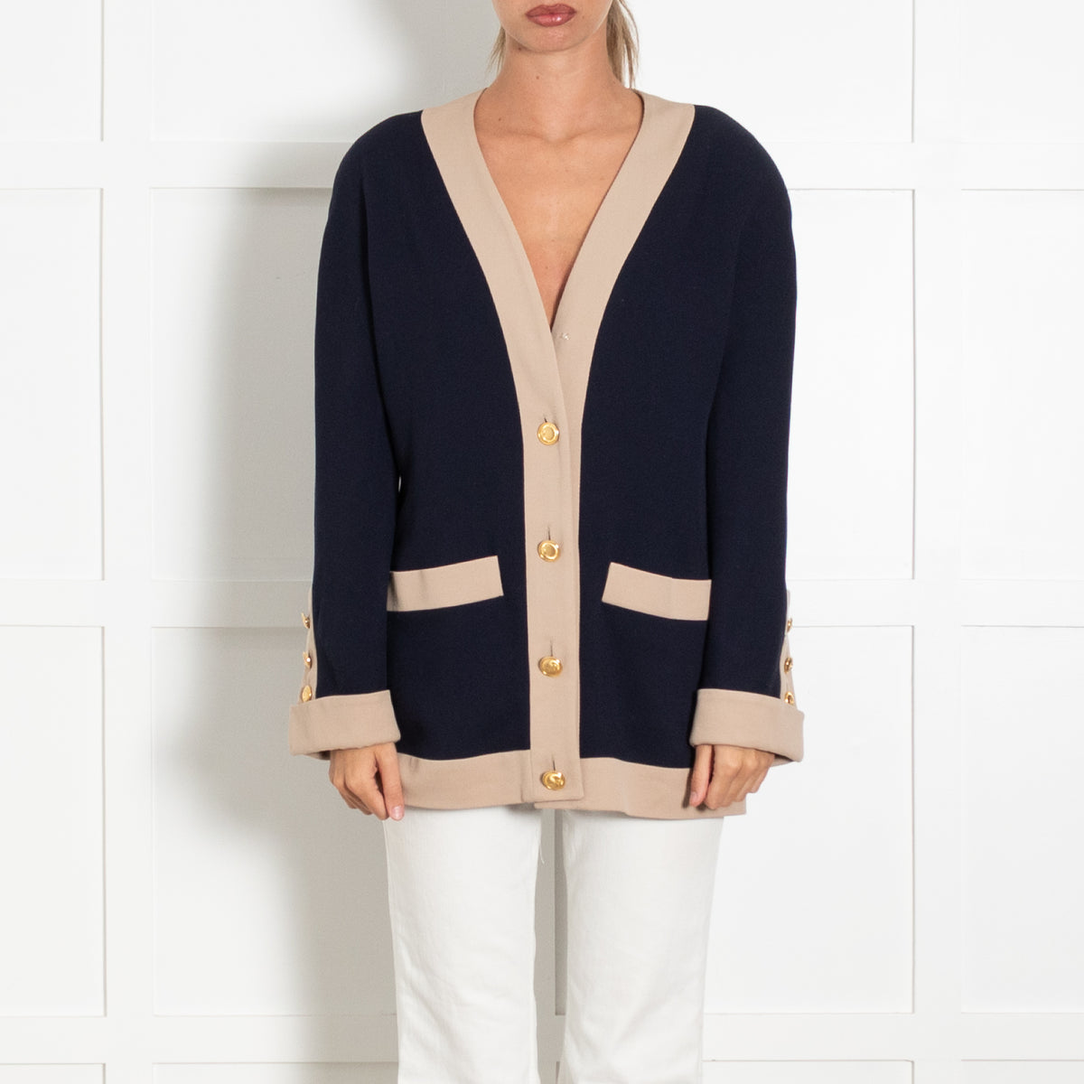 Chanel Longline Navy Cardigan With Beige Trim And Gold Buttons