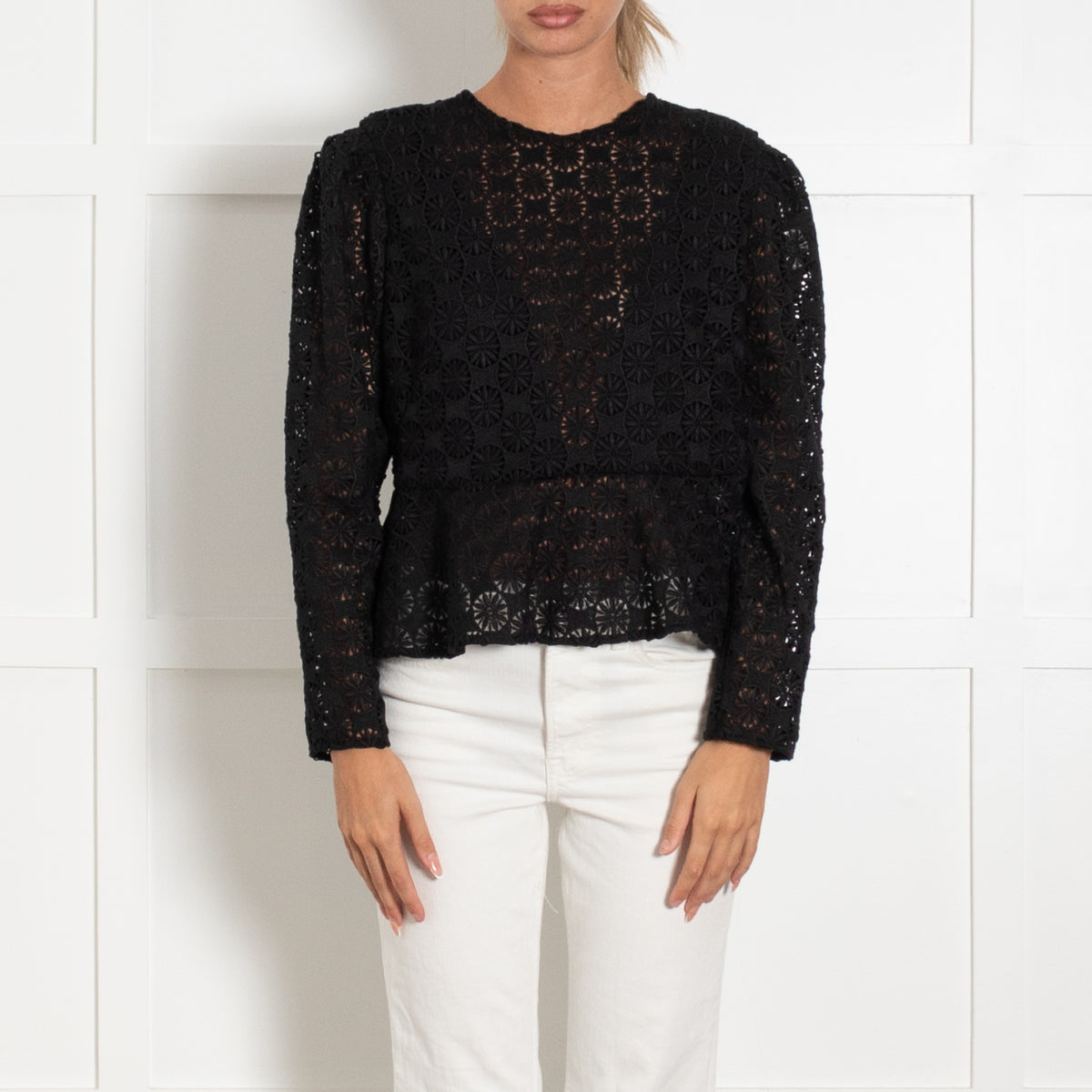 Sandro Black Guipure Lace Longsleeve Blouse With Peplum Hem