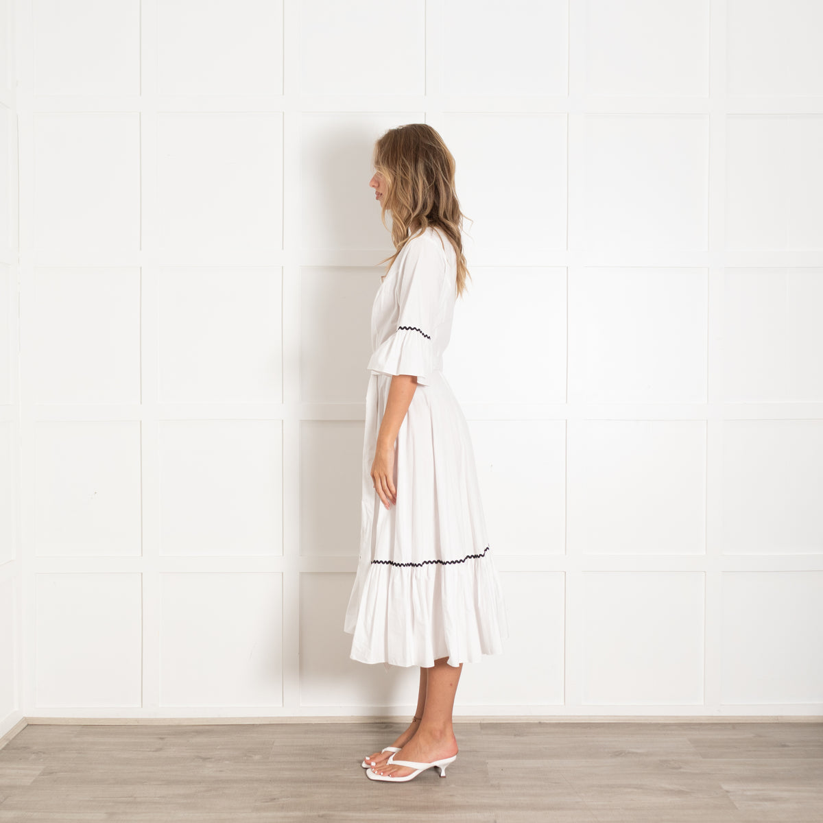 Batsheva Delsey White Cotton Bow Square Neck Midi Dress