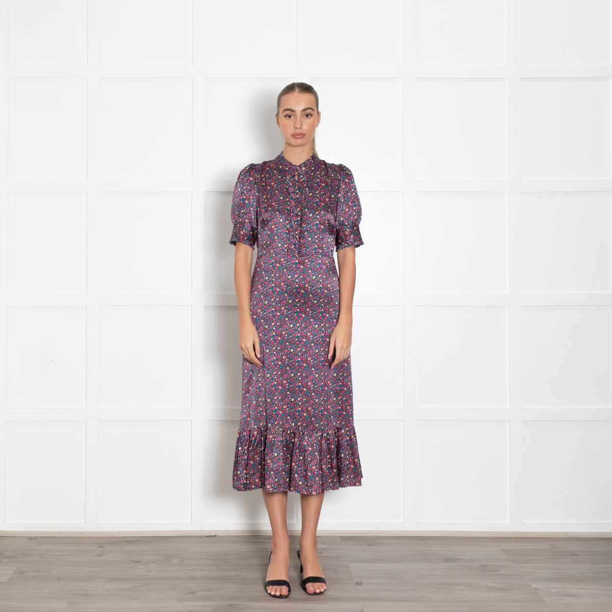 Wyse Navy Burgundy Floral Short Sleeve Long Dress