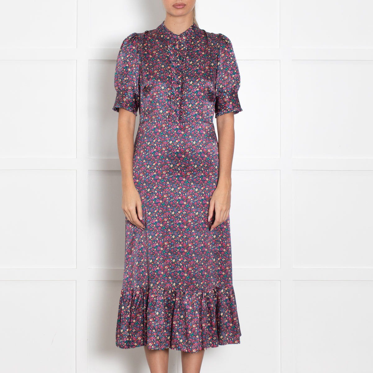 Wyse Navy Burgundy Floral Short Sleeve Long Dress