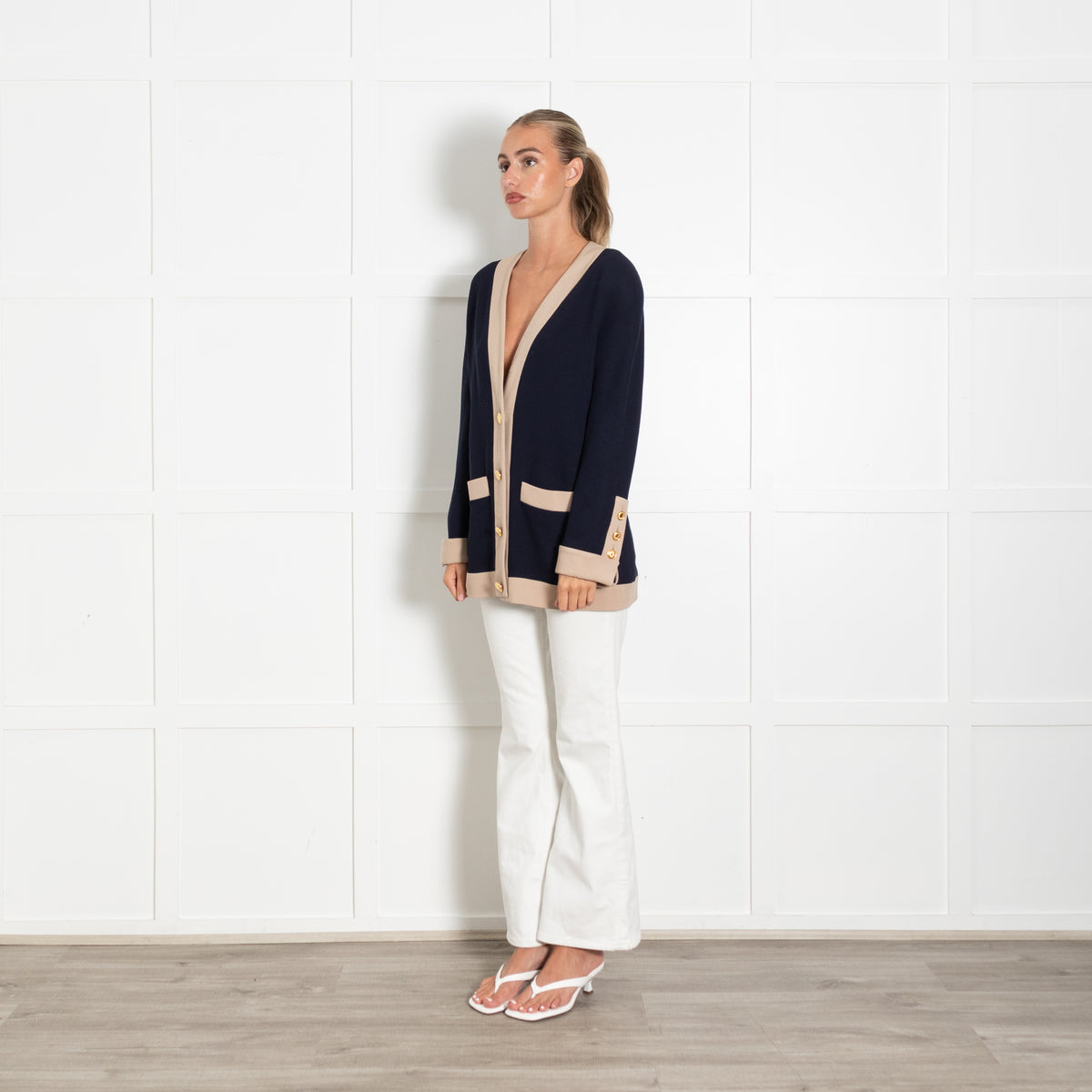 Chanel Longline Navy Cardigan With Beige Trim And Gold Buttons