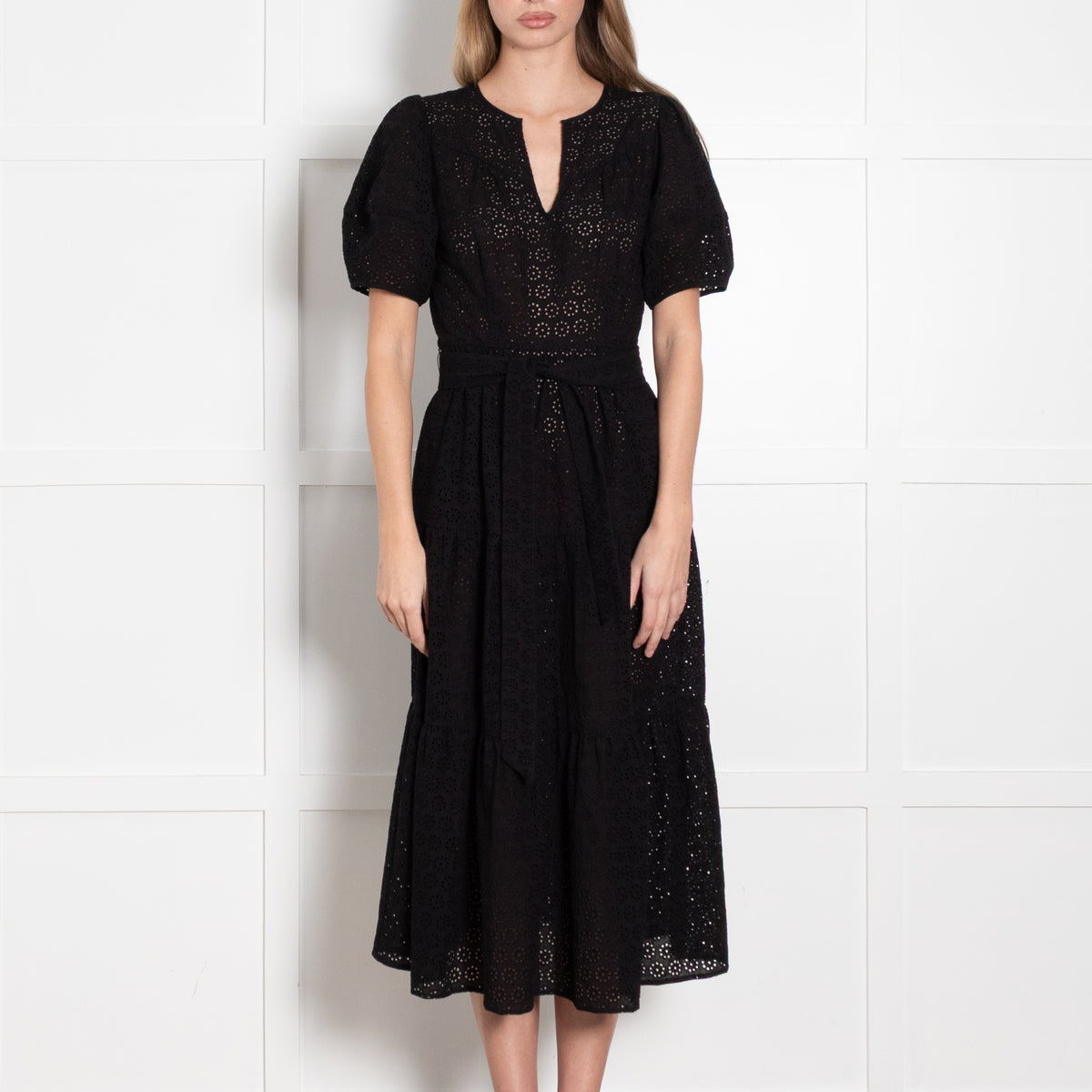Wyse Black Broderie Anglaise Puff Sleeve Belted Dress