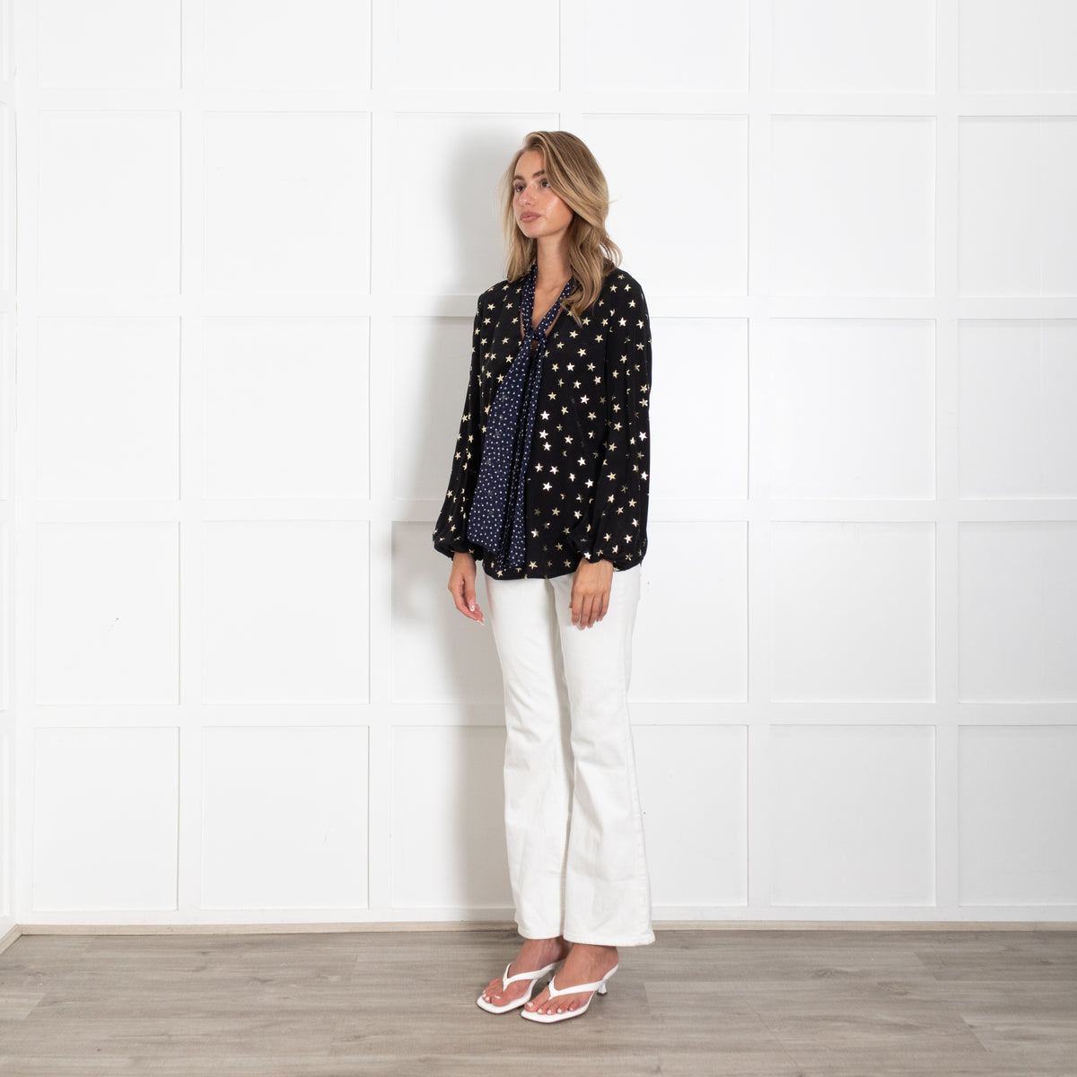 Rixo Black Top With Gold Stars and Contrast Tie Neck