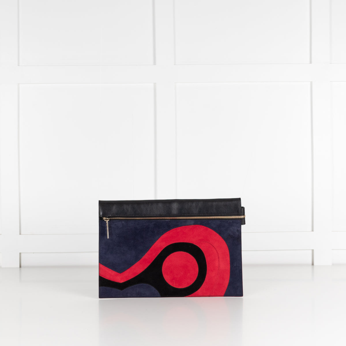 Victoria Beckham Black Navy Blue Red Swirl Suede Clutch