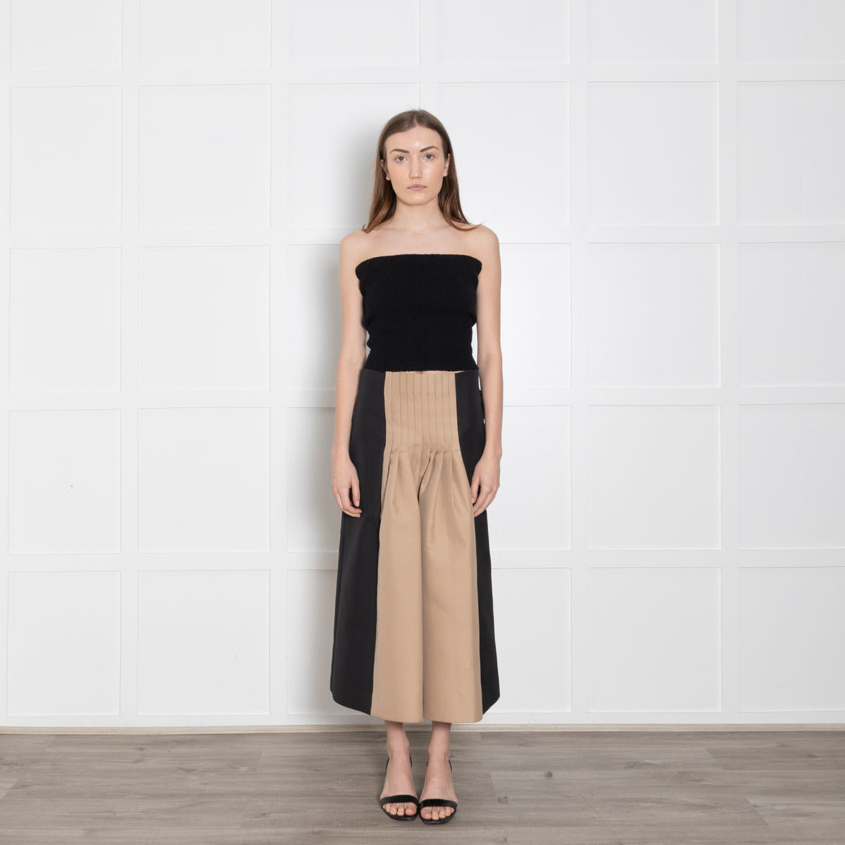 Cyclas Black Beige Pleated Waist Detail Midi Skirt