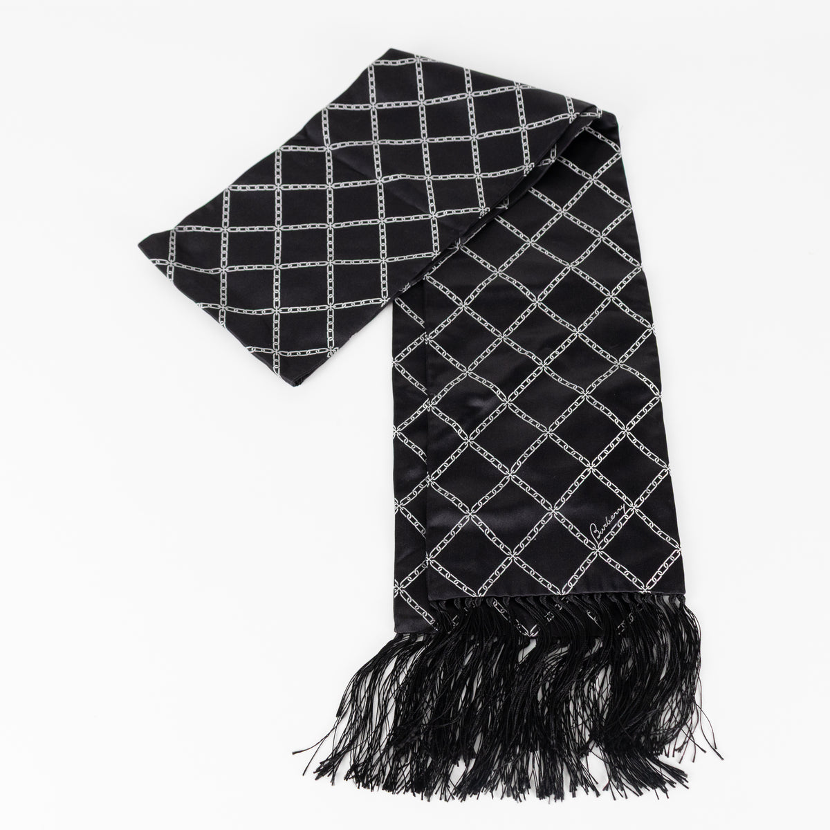 Burberry Black Fringed 100% Silk Scarf With White Chain Pattern