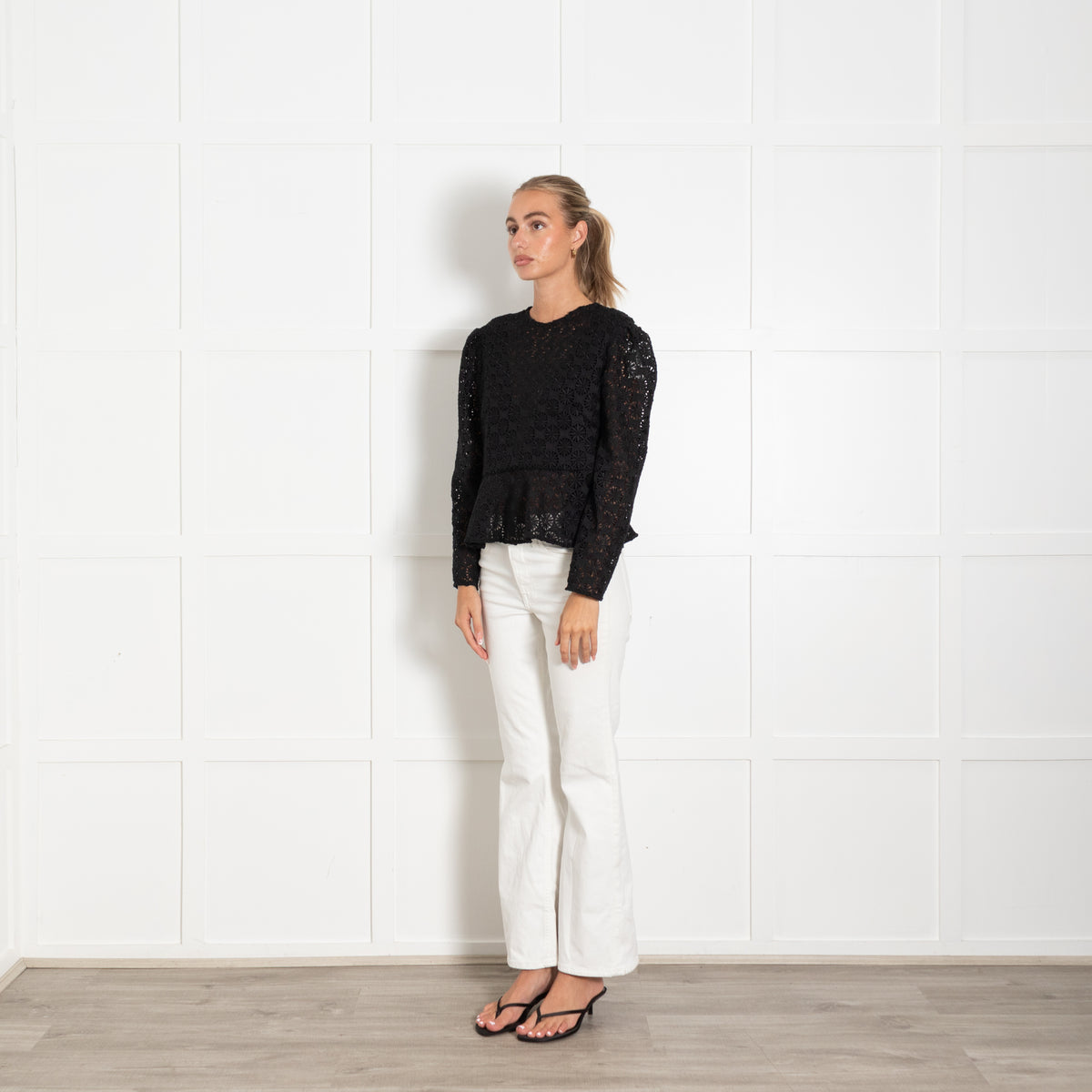 Sandro Black Guipure Lace Longsleeve Blouse With Peplum Hem