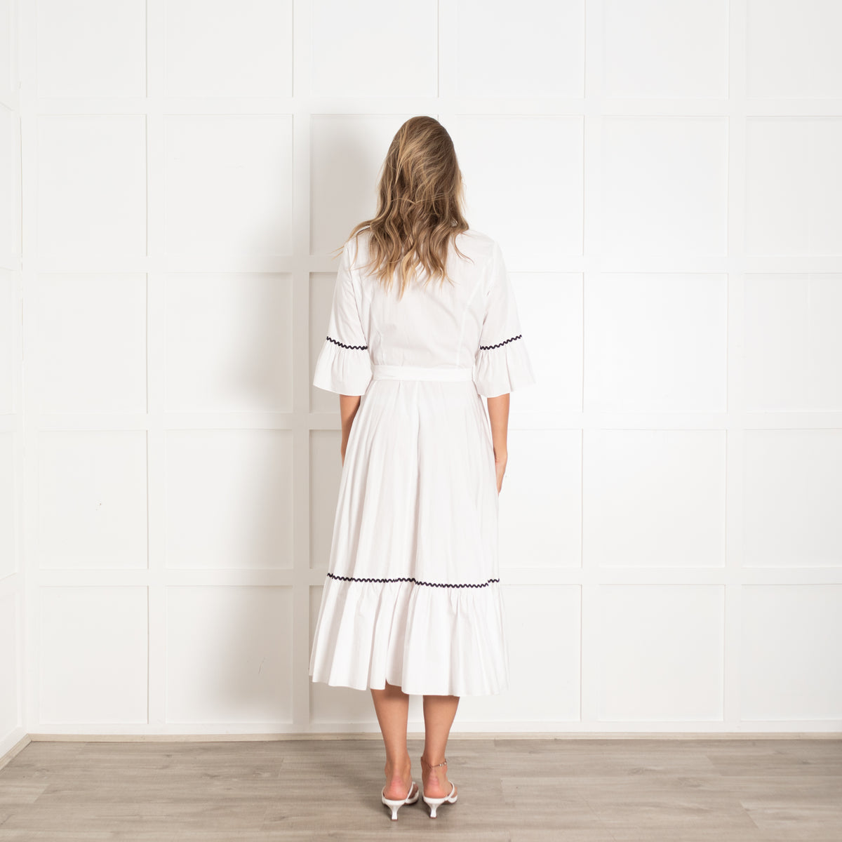 Batsheva Delsey White Cotton Bow Square Neck Midi Dress