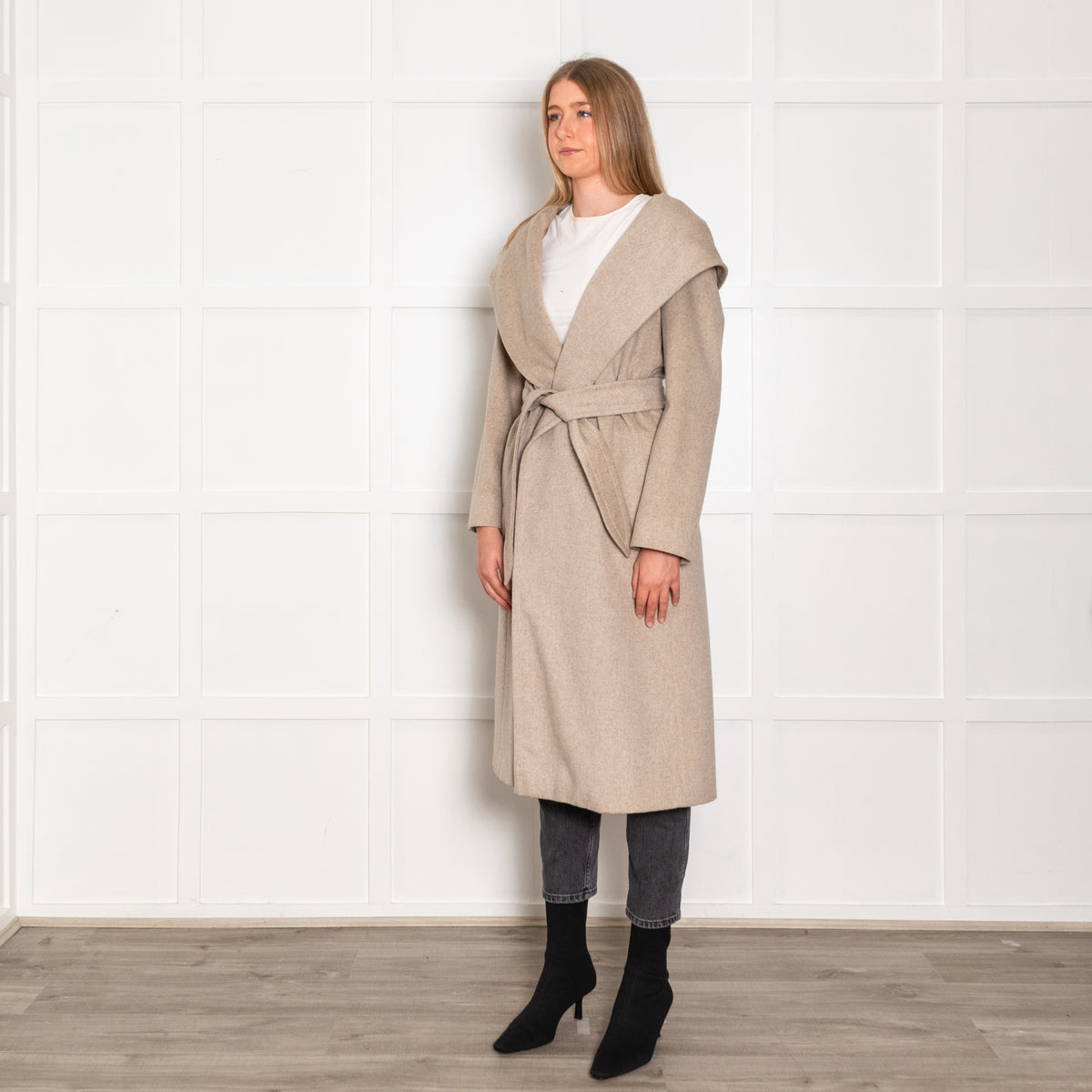 Max Mara Beige Cashmere Gown Belted Hooded Coat