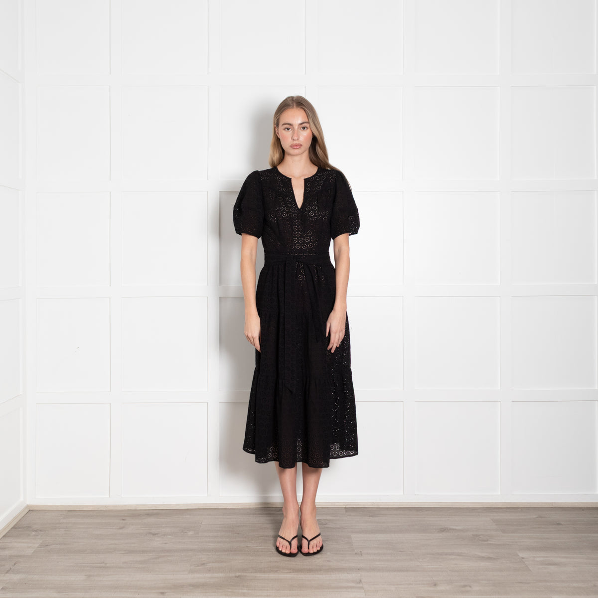 Wyse Black Broderie Anglaise Puff Sleeve Belted Dress
