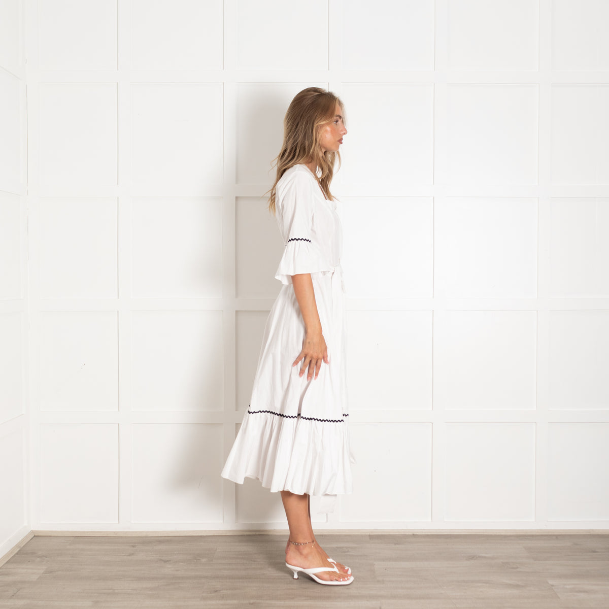 Batsheva Delsey White Cotton Bow Square Neck Midi Dress
