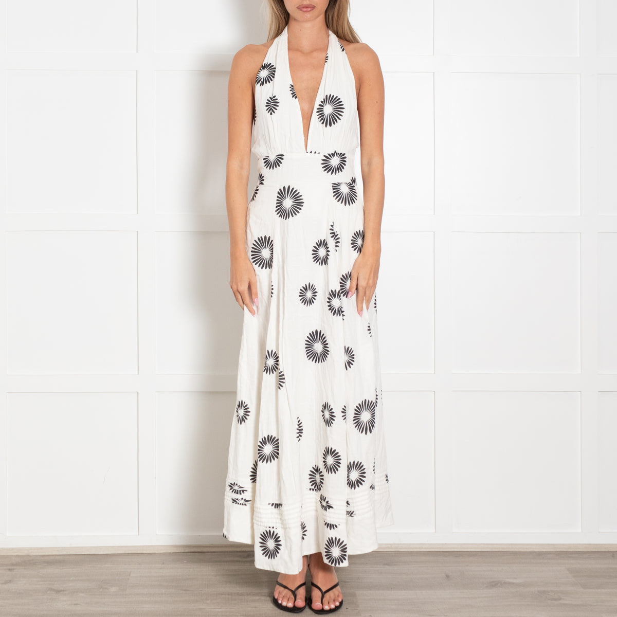 Me + Em Cream Black Floral Cotton Halterneck Maxi Dress