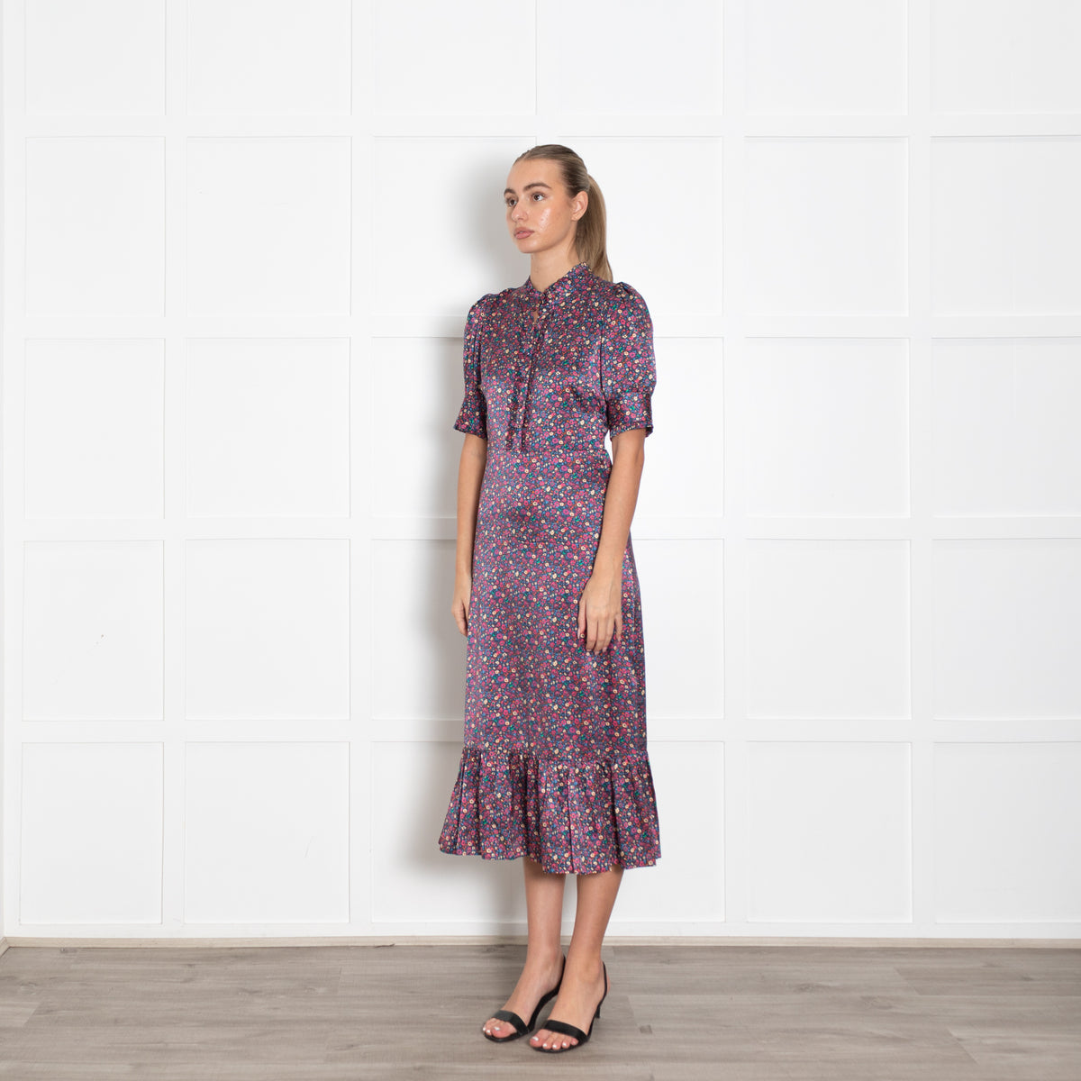 Wyse Navy Burgundy Floral Short Sleeve Long Dress