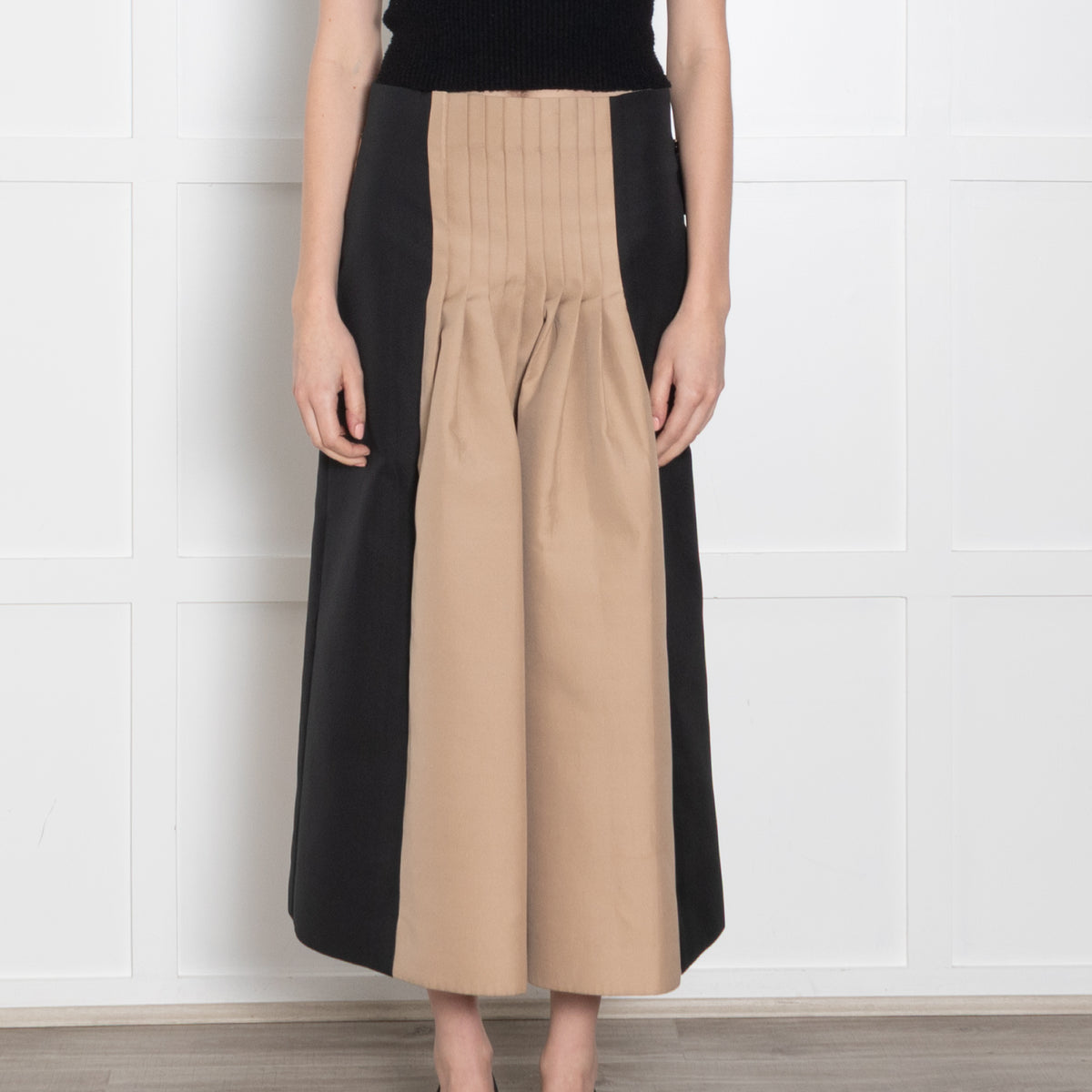 Cyclas Black Beige Pleated Waist Detail Midi Skirt
