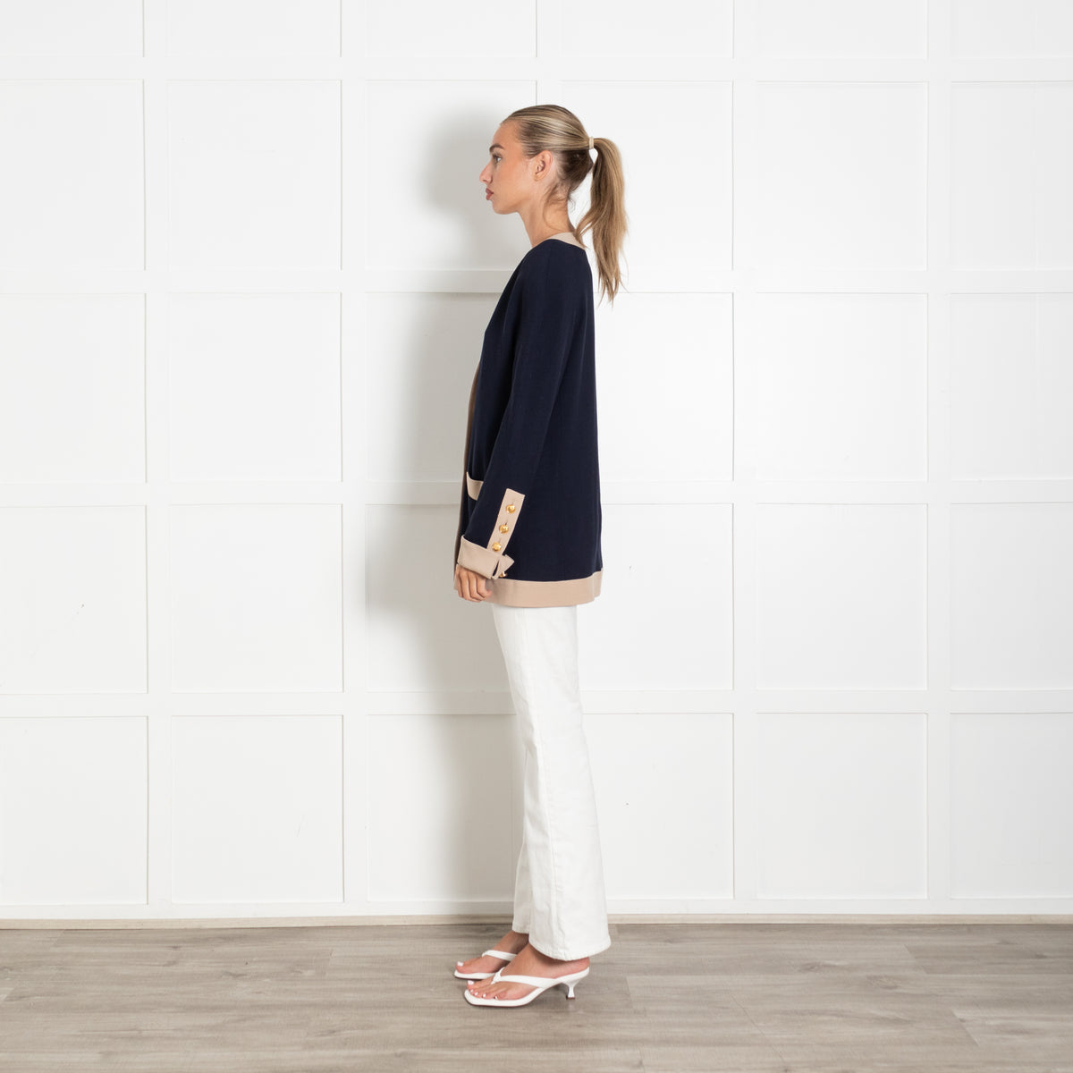 Chanel Longline Navy Cardigan With Beige Trim And Gold Buttons