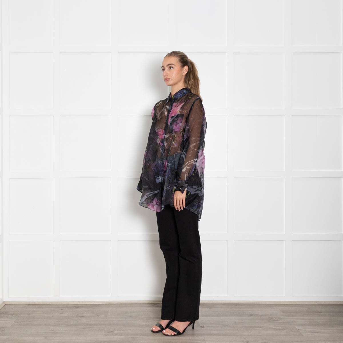 Acne Black With Floral Pattern Silk Sheer Oversized Blouse