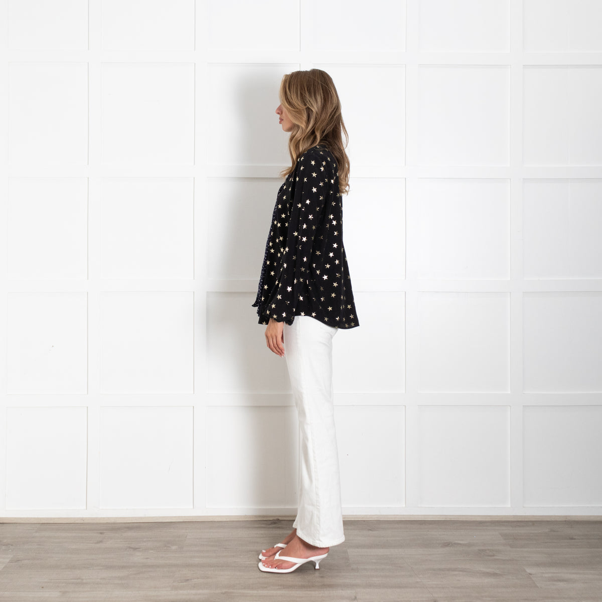 Rixo Black Top With Gold Stars and Contrast Tie Neck