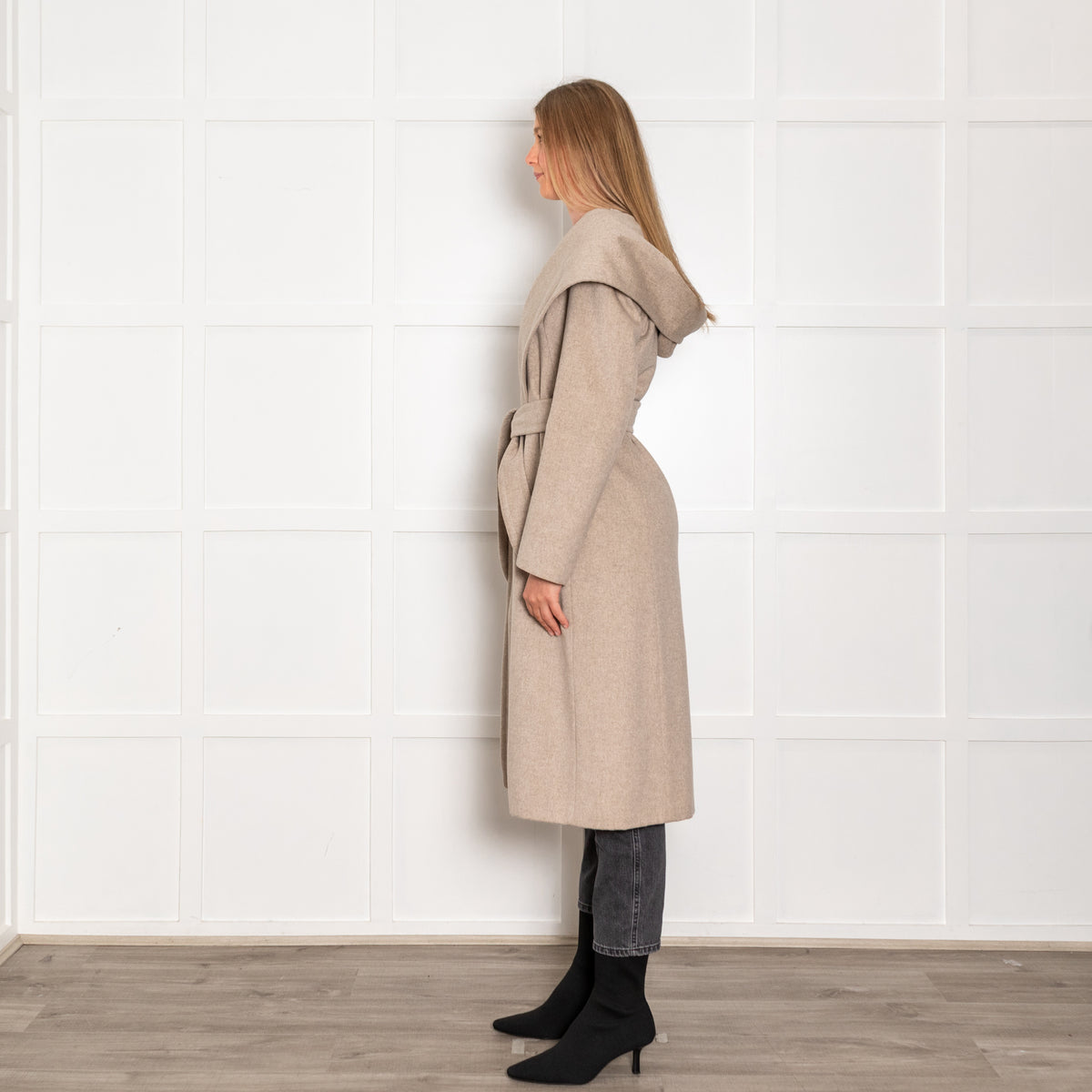Max Mara Beige Cashmere Gown Belted Hooded Coat