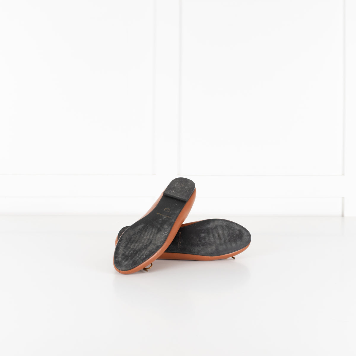 French Sole Tan Leather Ballet Flats With Bow Detail