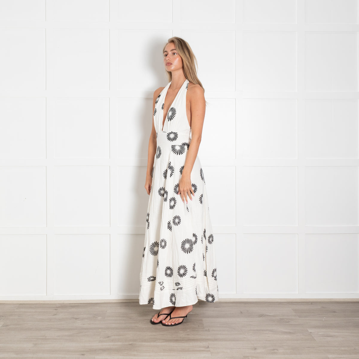 Me + Em Cream Black Floral Cotton Halterneck Maxi Dress