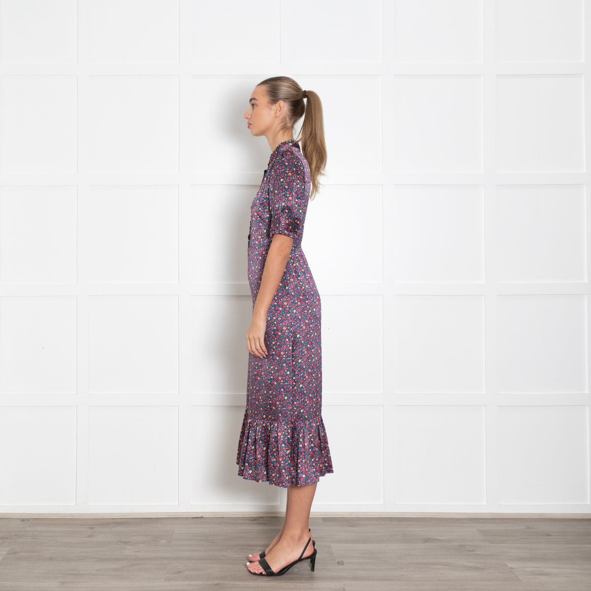 Wyse Navy Burgundy Floral Short Sleeve Long Dress