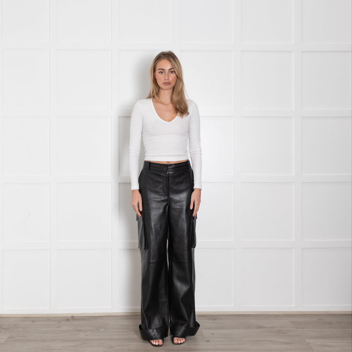 Stand Studio Black Faux Leather Cargo Trousers